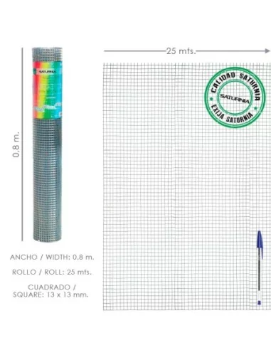 Malla Electrosoldada Galvanizada 13x13 / 80 cm. Rollo 25 Metros Uso Domestico