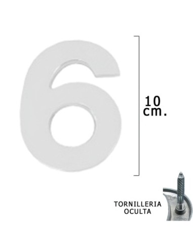 Numero Metal "6" Plateado Mate 10 cm. con Tornilleria Oculta (Blister 1 Pieza)