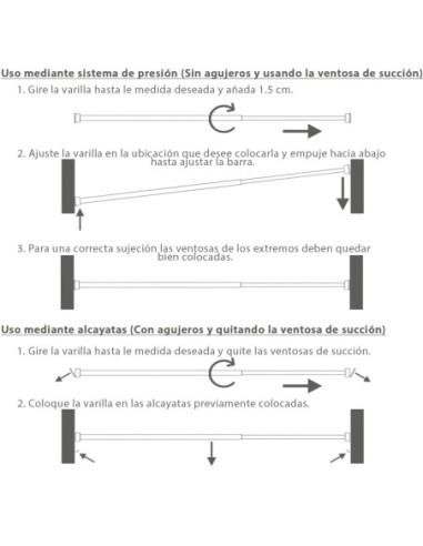 Barra Visillo Extensible 60/105 cm. con Muelle Presion, Soportes y Ventosas (2 Piezas)