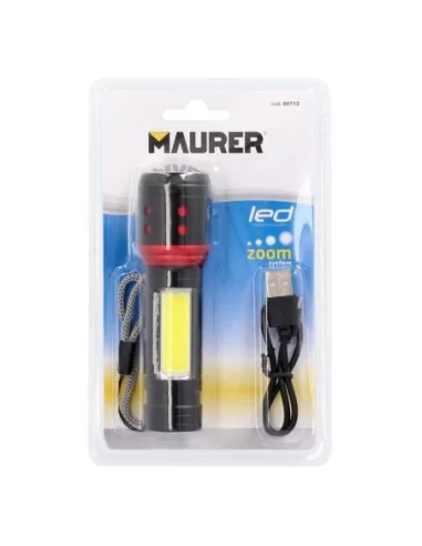 Linterna LED De Mano Metalica Bateria Recargable (1.200 mAh) Luz Frontal / Lateral Hasta 300 Lumenes 5 Watt. Con Función Zoom