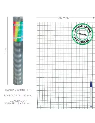 Malla Electrosoldada Galvanizada 13x13 / Altura 100 cm. Rollo 25 Metros Uso Domestico