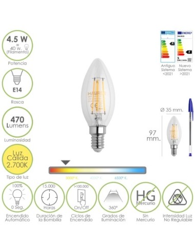 Bombilla Led Filamento Vela Rosca E14. 4,5 Watt. Equivale A 40 Watt. 470 Lumenes. Luz Cálida (2700º K.)