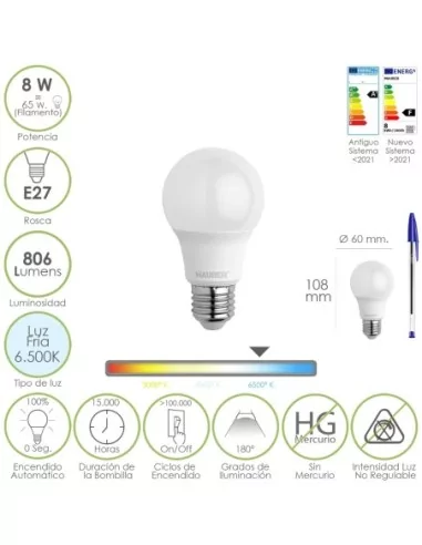 Bombilla Led Estandar Rosca E27. 8 Watt. Equivale A 65 Watt. 806 Lumenes. Luz Fría (6500º K.)