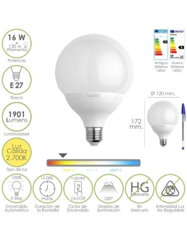 Bombilla Led Globo Rosca E27. 16 Watt. Equivale A 130 Watt. 1901 Lumenes. Luz Cálida (2700º K.)