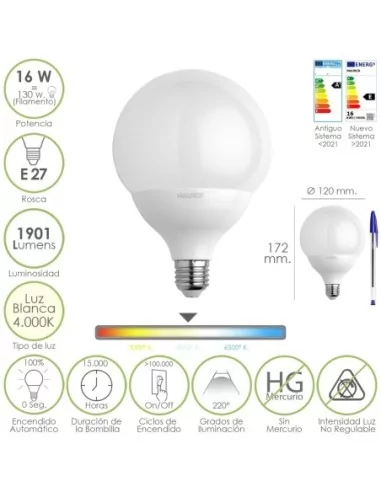 Bombilla Led Globo Rosca E27. 16 Watt. Equivale A 130 Watt. 1901 Lumenes. Luz Blanca (4000º K.)