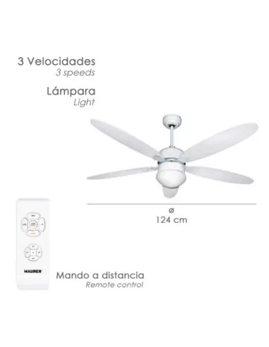 Ventilador Techo Ø 124 cm. 70 Watt. Con Luz y Mando A Distancia 5 Aspas y 3 Velocidades. Con temporizador