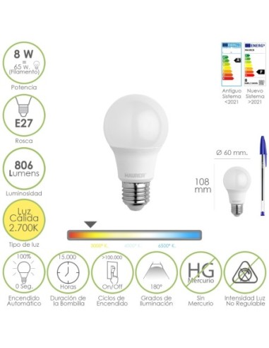 Bombilla Led Estandar Rosca E27. 8 Watt. Equivale A 65 Watt. 806 Lumenes. Luz Calida (2700º K.)