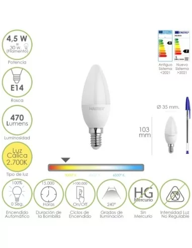 Bombilla Led Vela Rosca E14. 4,5 Watt. Equivale A 35 Watt. 470 Lumenes. Luz Cálida (2700º K)