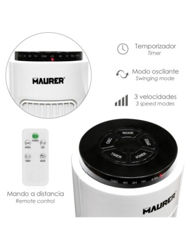 Ventilador Maurer Torre 73 cm 3 Velocidades. Funcion Oscilante. Con Temporizador y Mando a Distancia.