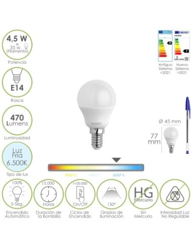 Bombilla Led Esferica Rosca E14 4.5 Watt. Equivale A 35 Watt. 470 Lumenes. Luz Fria (6500º K)