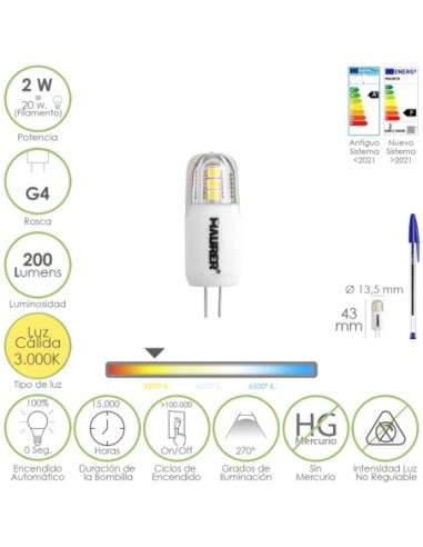 Bombilla Led Dicroica Rosca G4. 2 Watt. Equivale A 20 Watt. 200 Lumenes. Luz Calida (3000º K.)