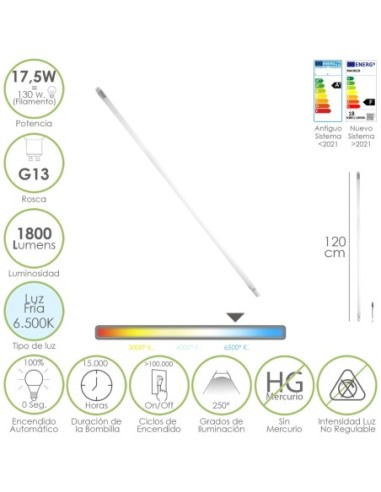 Tubo Led T8 120 cm.17,5 Watt. Equivale A 130 Watt. 1800 Lumenes. Luz Fria 6500º K.