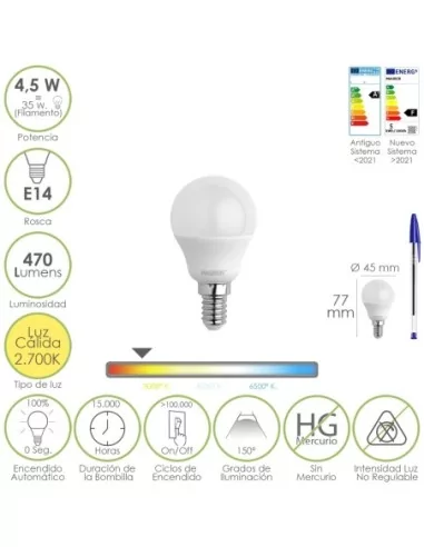 Bombilla Led Esferica Rosca E14 4.5 Watt. Equivale A 35 Watt. 470 Lumenes. Luz Cálida (00º K)