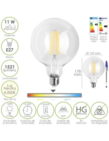 Bombilla Led Filamento Globo E27. 11 Watt. Equivale A 100 Watt. 1521 Lumenes. Luz Neutra 4000º K.