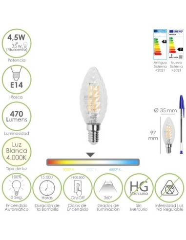 Bombilla Led Filamento Vela Twist. E14. 4,5 Watt. Equivale A 35 Watt. 470 Lumenes. Luz Neutra 4000º K.