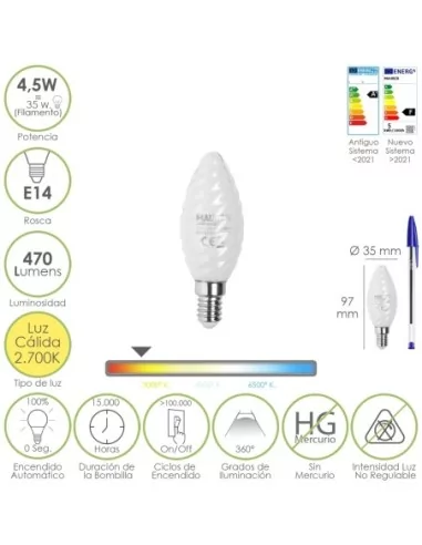 Bombilla Led Filamento Vela Esmerilada E14. 4,5 Watt. Equivale A 35 Watt. 470 Lumenes. Luz Calida 2700º K.