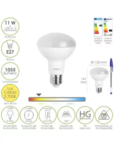 Bombilla Led Reflectante E27. 11 Watt. Equivale A 100 Watt. 1055 Lumenes. Luz Calida 2700º K.