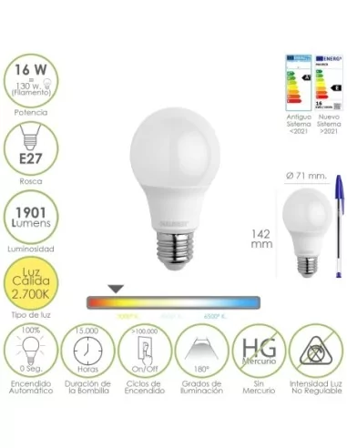 Bombilla Led Estandar Rosca E27. 16 Watt. Equivale A 130 Watt. 1901 Lumenes. Luz Calida 2.700º K.