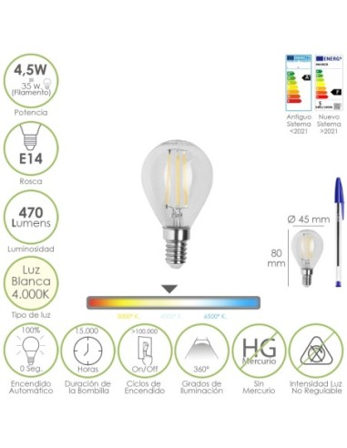 Bombilla Led Filamento Esfera Rosca E14. 4,5 Watt. Equivale A 35 Watt. 470 Lumenes. Luz Neutra 4000º K.