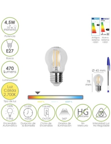 Bombilla Led Filamento Esfera Rosca E27. 4,5 Watt. Equivale A 35 Watt. 470 Lumenes. Luz Calida 2700º K.