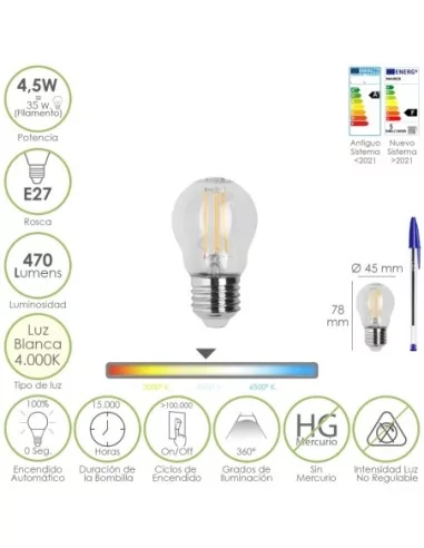 Bombilla Led Filamento Esfera Rosca E27. 4,5 Watt. Equivale A 35 Watt. 470 Lumenes. Luz Neutra 4000º K.