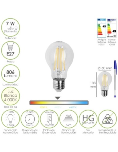 Bombilla Led Filamento Standar Rosca E27. 7 Watt. Equivale A 50 Watt. 806 Lumenes. Luz Neutra 4000º K.