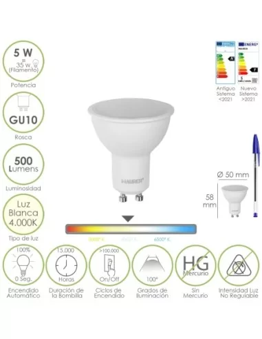 Bombilla Led Dicroica Rosca GU10. 5 Watt. Equivale A 35 Watt. 500 Lumenes. Luz Neutra 4000º K