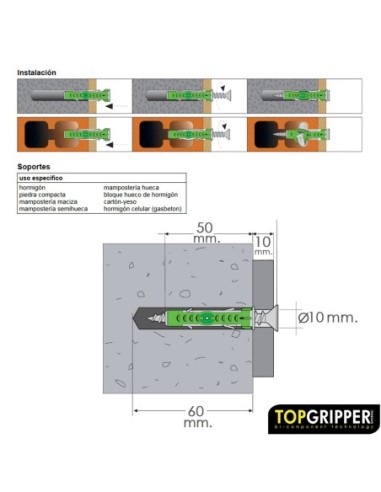 Blister Tacos Topgripper Bimaterial Con Tornillos Ø 10 mm. 10 Piezas Taco Anclaje Universal, Taco Hormigon, Taco Pladur