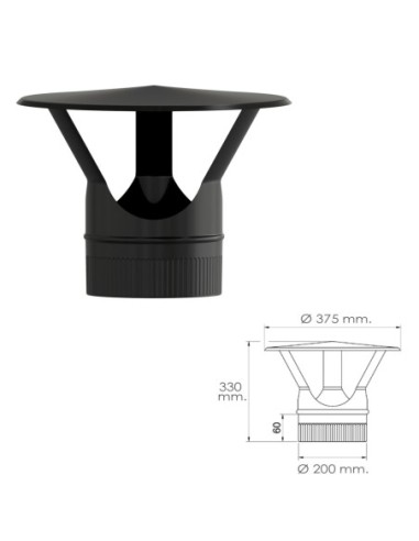 Sombrero Estufa Vitrificado Negro Ø 200 mm. Sombrero Tubo Chimenea, Sombrero Tubo Humo, Sombrero Tubo Calefacción, Sombrero Humo