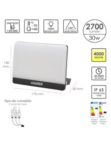 Foco Led Plano Potencia 30 Watt. 2700 Lumenes. Luz blanca 4000ºK Protección IP65. Cuerpo Aluminio. Foco Exteriores / Interiores